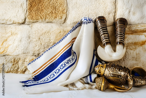 Yom kippur concept. Tallit, Thorah and Shofar jewish religious symbols photo