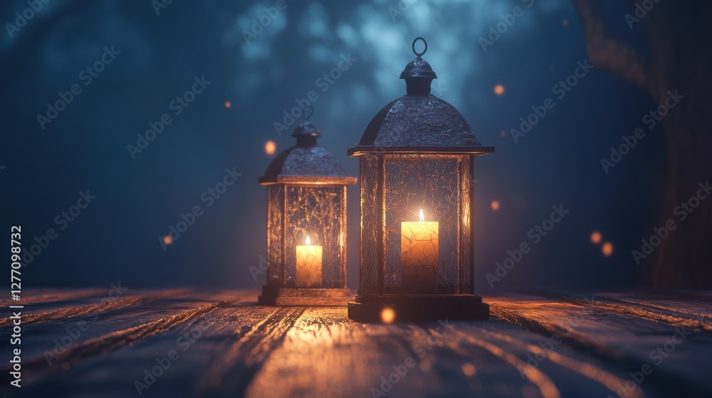 Fototapeta premium Two Lanterns Illuminating a Foggy Night Scene with Warm Light