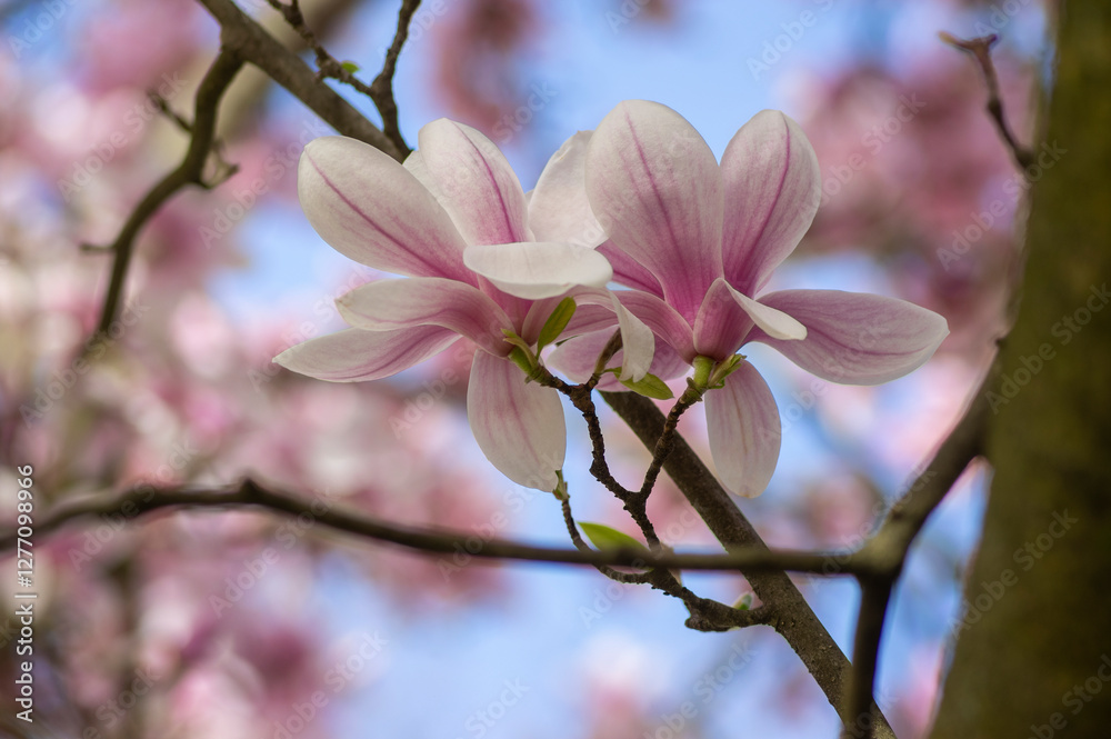 Magnolia soulangeana also called saucer magnolia flowering springtime tree with beautiful pink white flower on branches