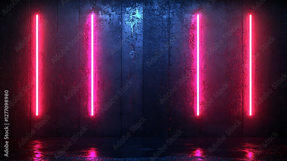 Neon lights on textured concrete wall reflecting in dark floor Neon lights on textured concrete wall reflecting in dark floor