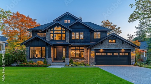 Stunning modern farmhouse at twilight with fall foliage photo