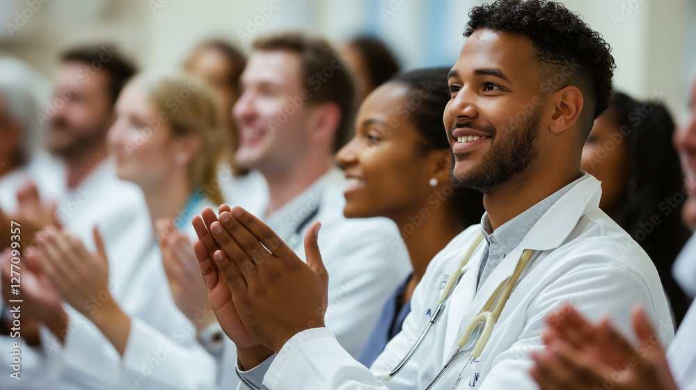 Seminar Business Meeting with Doctors and Students Clapping in Hospital Setting
Seminar Business Meeting with Doctors and Students Clapping in Hospital Setting