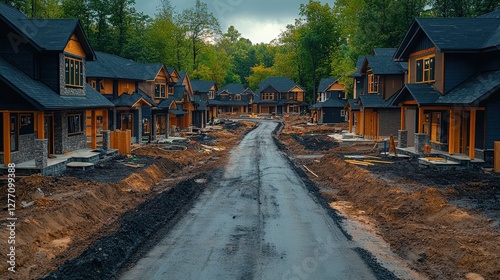 Wallpaper Mural New residential development under construction, featuring multiple houses along a dirt road, surrounded by trees Torontodigital.ca