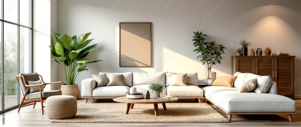 Obraz premium modern living room interior featuring a white sectional sofa and wooden accents