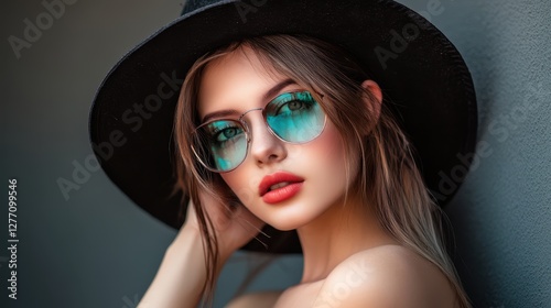 Arafed woman poses confidently for a photograph, accessorized with a stylish hat and trendy sunglasses, showcasing her vibrant personality.