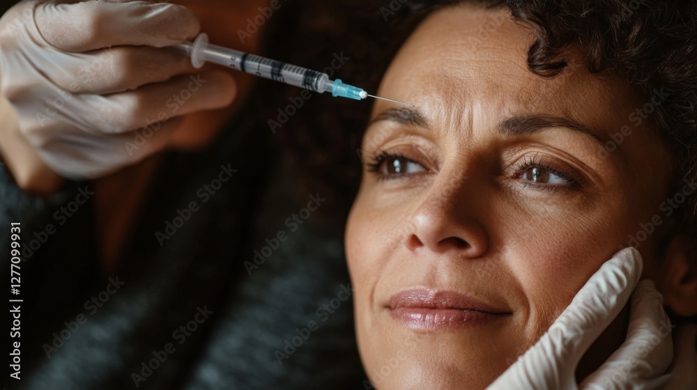 Close-up portrait of a mature woman receiving a botox injection Close-up portrait of a mature woman receiving a botox injection
