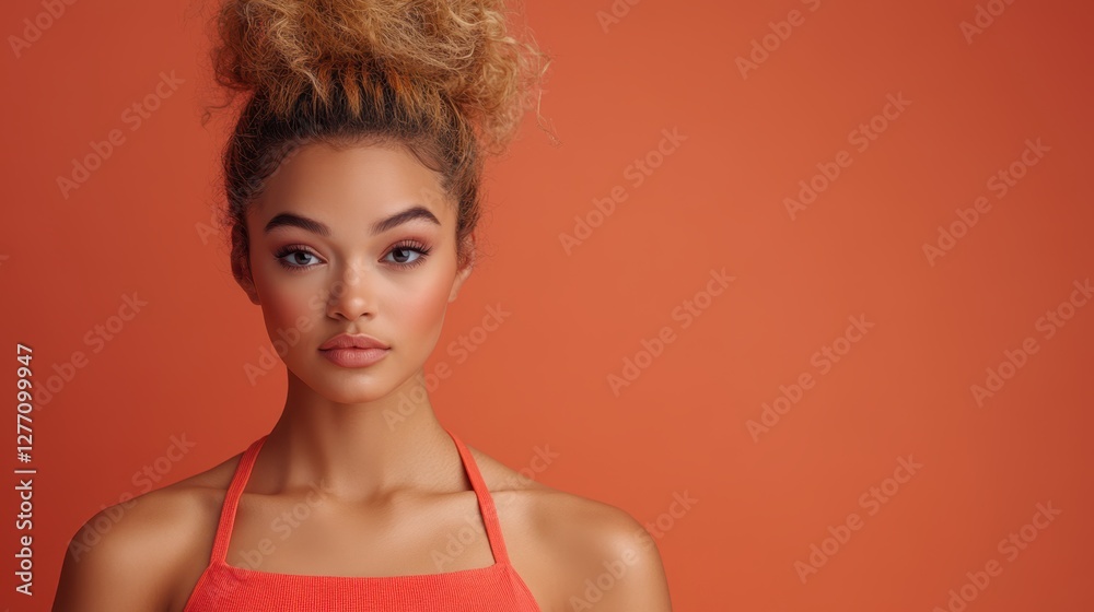 A woman showcases an extravagant hairstyle while wearing a vibrant red top, creating a striking visual impact. A woman showcases an extravagant hairstyle while wearing a vibrant red top, creating a striking visual impact.