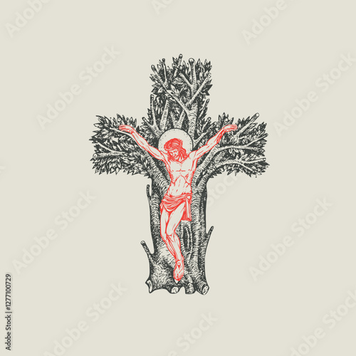 Concept of a Christian cross in the form of a tree hand drawn blood color with crucified Jesus. Decorative tree in the shape of a cross. Vector illustration, religious sign, icon, logo, emblem