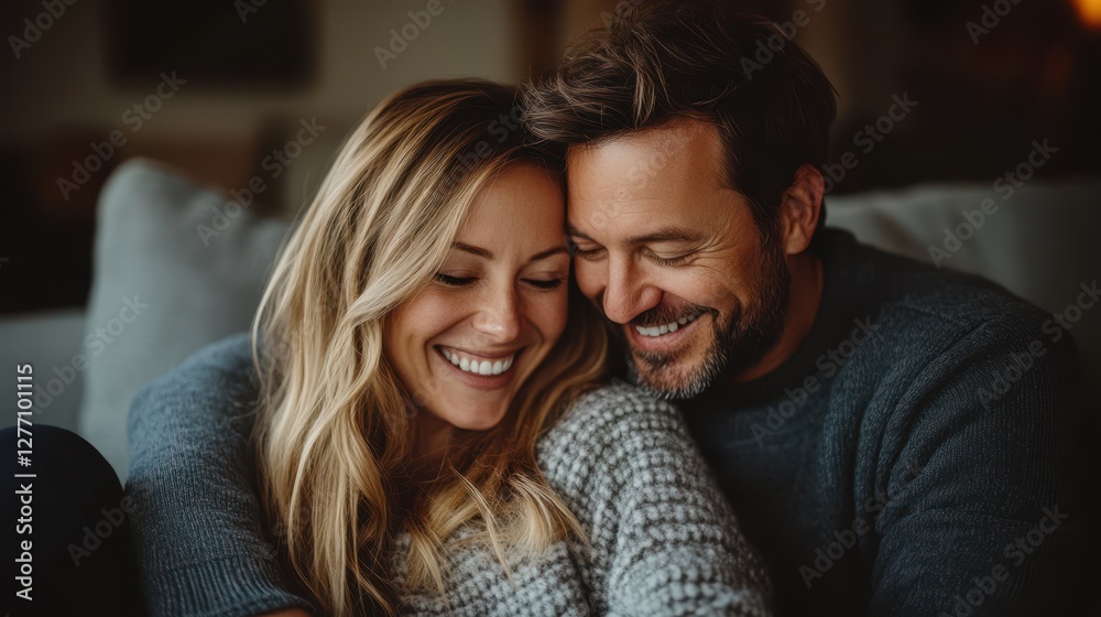 A joyful couple embraces on a cozy couch, showcasing love and affection through their smiles and warm interaction. A joyful couple embraces on a cozy couch, showcasing love and affection through their smiles and warm interaction.