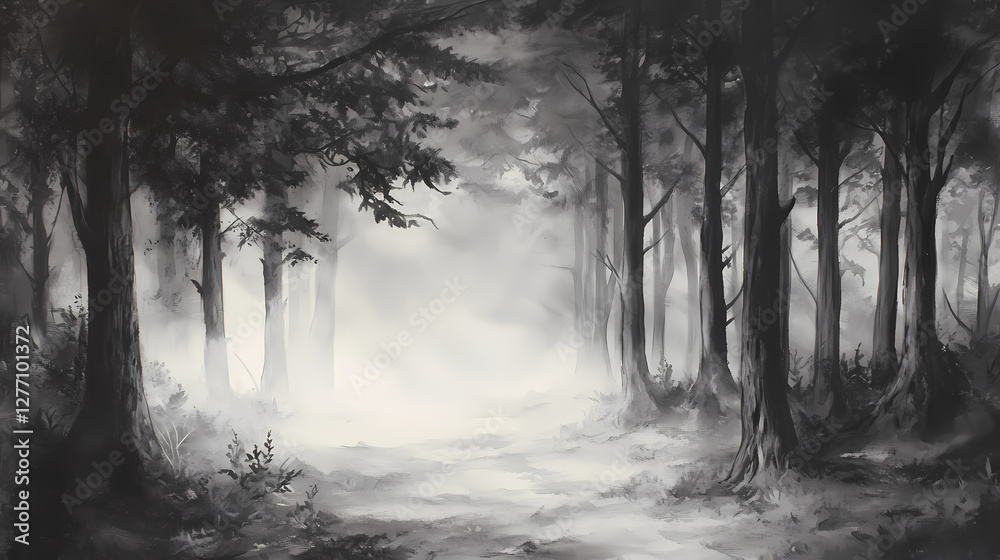 Fototapeta premium Misty forest serenity, a hauntingly beautiful black and white depiction of a fog-enshrouded forest, evoking a sense of tranquility and mystery in nature's embrace. Surreal Haunted Forest. Illustration