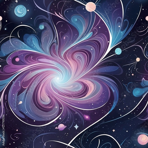 Seamless Cosmic Galaxy Pattern with Vibrant Nebula and Planets