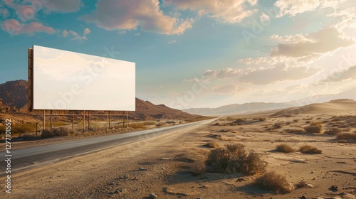 outdoor advertising space with a blank billboard on an isolated desert highway with a dusty road