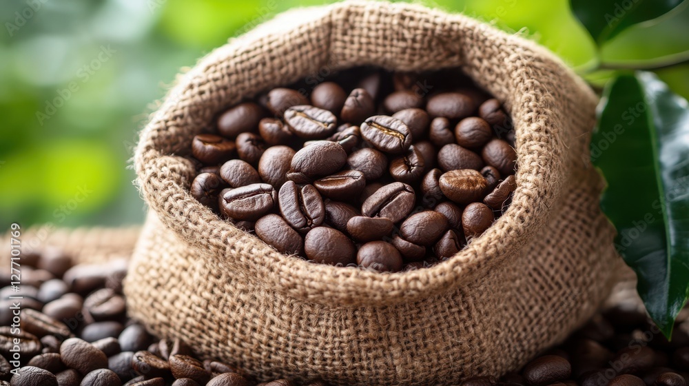 Fototapeta premium A burlap bag filled with coffee beans rests atop a mound of loose coffee beans, showcasing the rich texture and aroma of freshly harvested coffee.