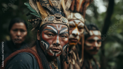 Indigenous people wearing traditional clothes and face paint posing in the rainforest