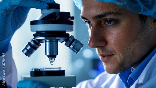 Close up of scientist analyzing microscopic sample