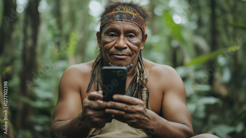Indigenous person using smartphone in amazon rainforest: exploring digital communication in remote areas
