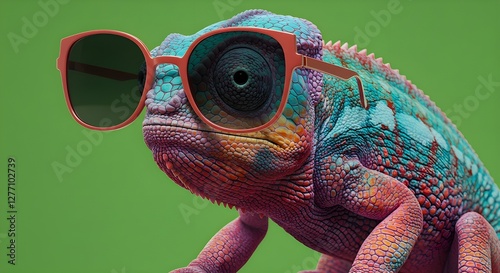 camaleón con gafas de sol sobre un fondo de color sólido, arte vectorial, arte digital, facetado, mínimo, abstracto, fondo panorámico. IA generativa.
