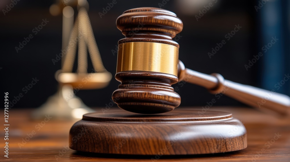 A detailed view of a wooden gavel resting on a table next to a scale, symbolizing justice and legal proceedings. A detailed view of a wooden gavel resting on a table next to a scale, symbolizing justice and legal proceedings.