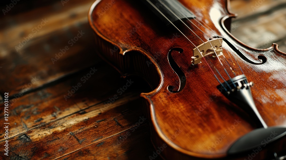 Fototapeta premium A detailed close-up of a violin resting elegantly on a rustic wooden table, highlighting its craftsmanship and rich texture.
