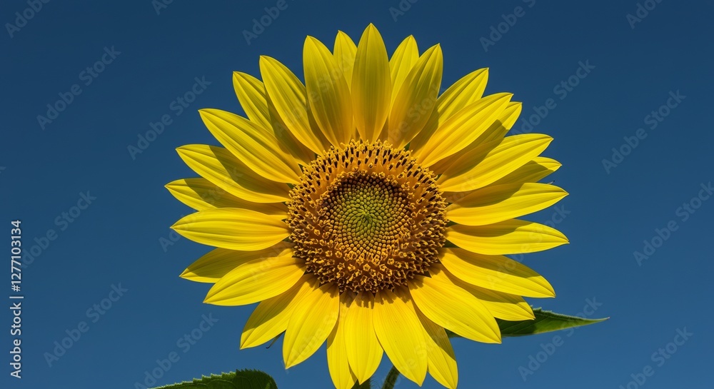 Vibrant yellow sunflower blooming against clear blue summer sky Vibrant yellow sunflower blooming against clear blue summer sky