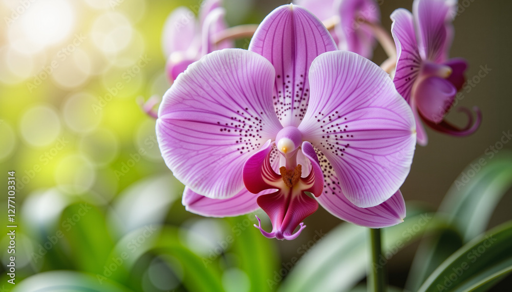 Seasonal flower bloom - Close-up of a vibrant purple orchid in sunlight, beauty Seasonal flower bloom - Close-up of a vibrant purple orchid in sunlight, beauty