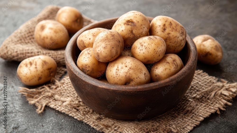 A bowl of arafed potatoes presented on a rustic burlap cloth, showcasing the natural textures and earthy tones of the setting. A bowl of arafed potatoes presented on a rustic burlap cloth, showcasing the natural textures and earthy tones of the setting.
