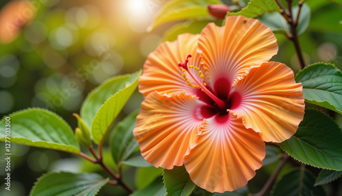 Seasonal flower bloom - Vibrant orange hibiscus blossom in sunlight, nature's beauty