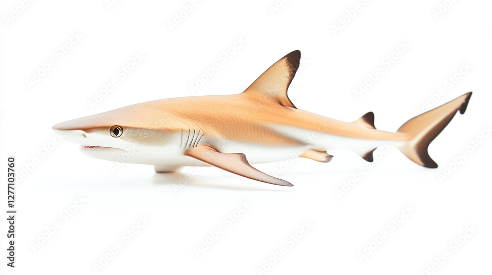 Fototapeta premium Swimming black tip reef shark isolated on a white background.
