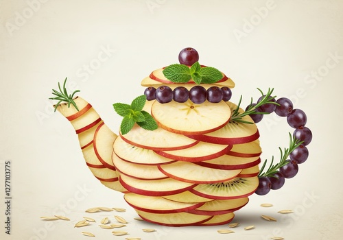 Wallpaper Mural Creative teapot design with sliced apples, grapes, and fresh herbs Torontodigital.ca