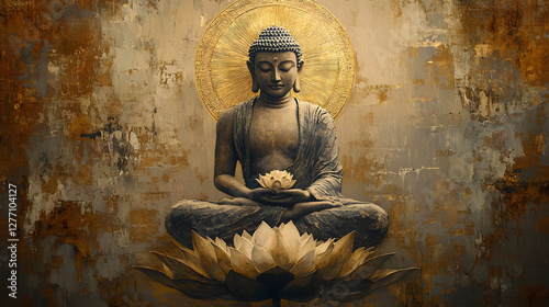 A Buddha with a lotus flower, sitting cross-legged and floating in the air
