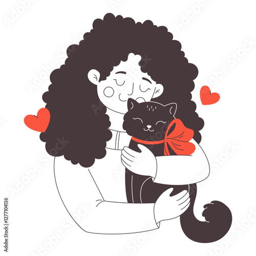 Cute happy young woman hugging a cat. Cat lover. Pet owner. Vector doodle illustration, hand drawn design