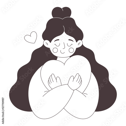 Woman with red heart. Love yourself. Self-care and acceptance. Mental health concept. Vector doodle illustration, hand drawn design