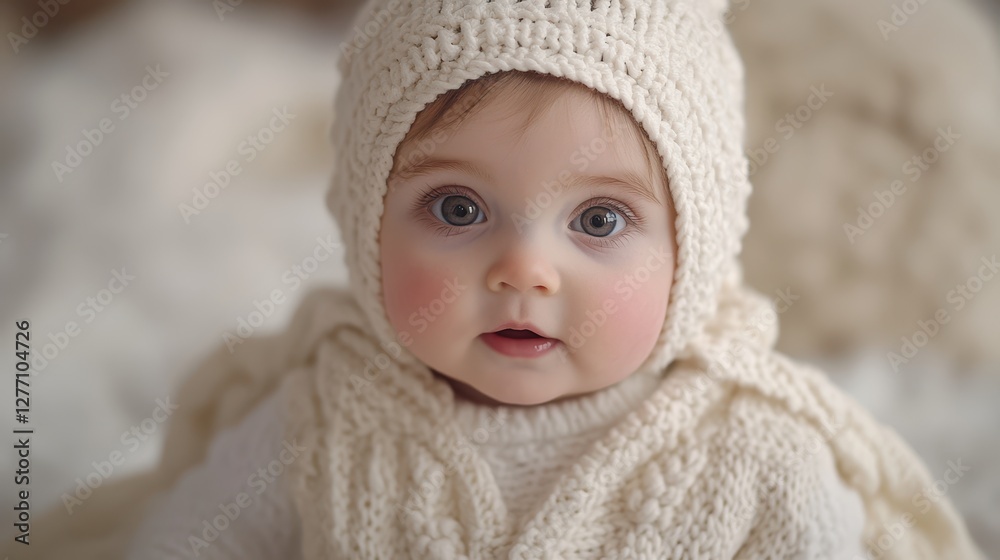 A cute baby is dressed in a cozy knitted hat and scarf, capturing warmth and innocence in a delightful winter outfit. A cute baby is dressed in a cozy knitted hat and scarf, capturing warmth and innocence in a delightful winter outfit.