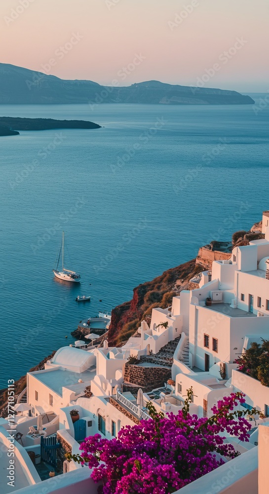 Fototapeta premium Serene mediterranean view: santorini's white architecture and idyllic sunset over aegean sea