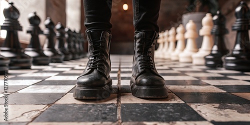 Black combat boots positioned on a checkered floor near large chess pieces in an indoor setting