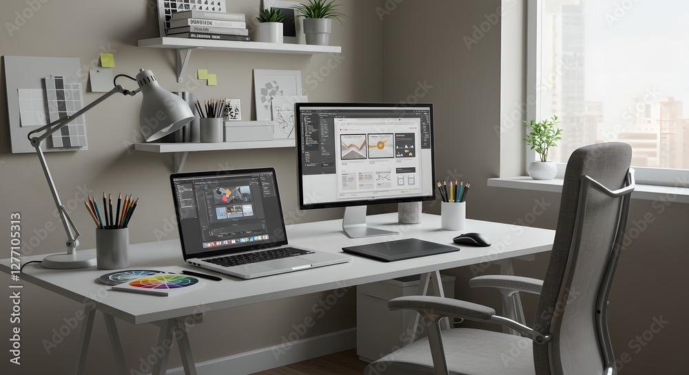 Fototapeta premium Modern home office setup with dual monitors, laptop, and design tools. Minimalist workspace for graphic designer or web developer. Gray interior with natural light.