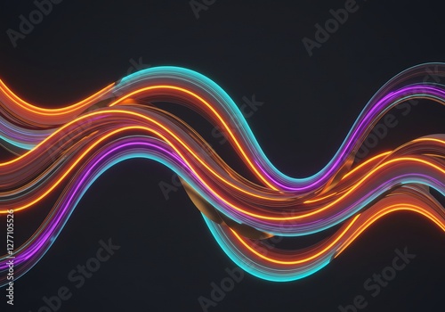 Vibrant neon light trails curving on dark background, creating dynamic waves