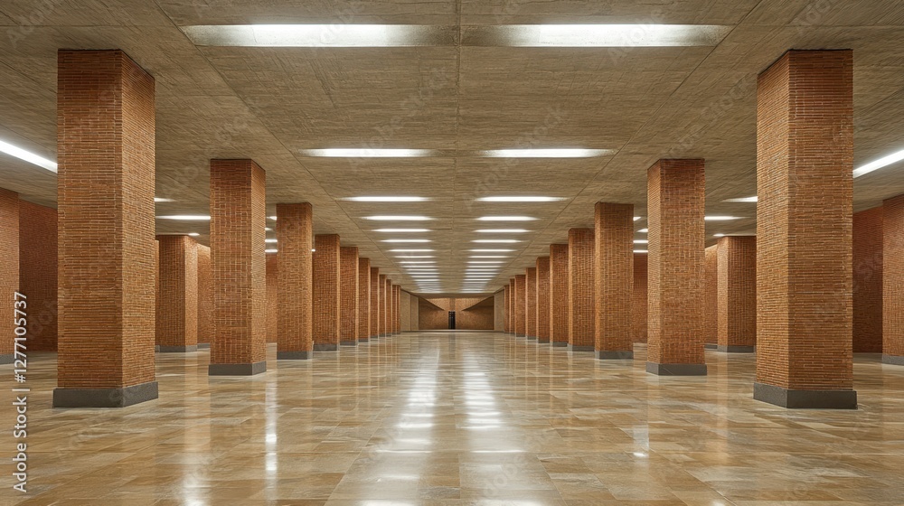 Naklejka premium A long hallway features a prominent clock mounted on the wall, creating a sense of time and space in the architectural design.