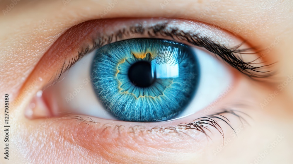 Fototapeta premium A detailed close-up of a human eye showcasing a vibrant blue iris, highlighting its intricate textures and patterns.