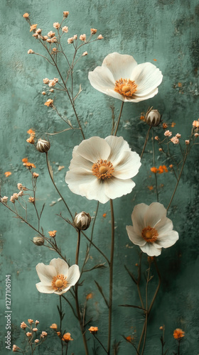 Creamy Flowers on Teal Textured Background