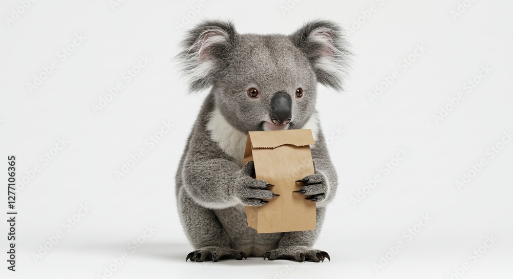 Obraz premium Koala holding a brown paper bag with curious expression on a white background