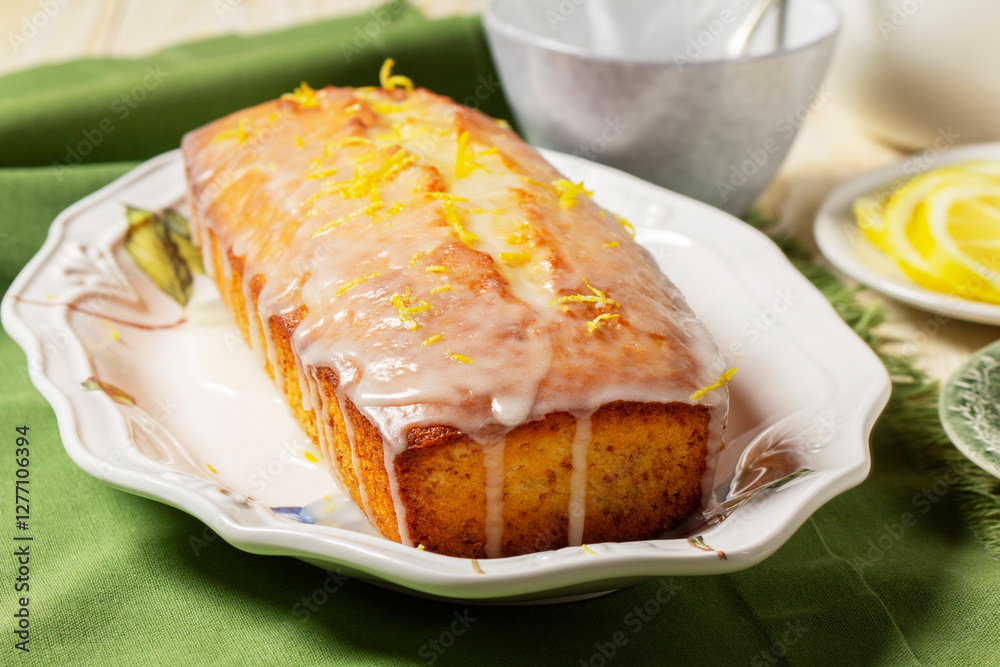 Aromatic lemon cake, covered with sugar icing and sprinkled with zest, served with tea.