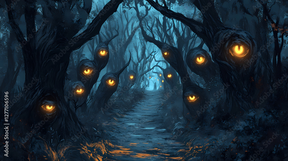 A haunting forest path, lined with twisted trees, each bearing glowing eyes that pierce the darkness. a sense of unease lingers in the air. Surreal Haunted Forest. Illustration A haunting forest path, lined with twisted trees, each bearing glowing eyes that pierce the darkness. a sense of unease lingers in the air. Surreal Haunted Forest. Illustration