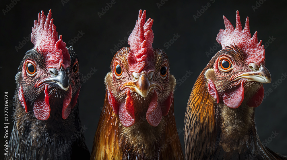 Fototapeta premium Closeup of three chicken with different colours (dark brown, black and brown) looking into the camera.