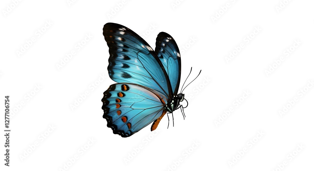 Obraz premium Muy hermosa mariposa naranja amarilla azul en vuelo aislada sobre un fondo transparente. 