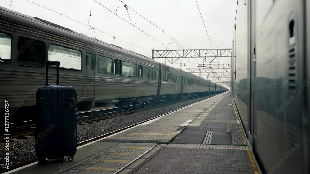 Lone Suitcase on Empty Platform With Train Passing By at Railway Station Reflecting Travel and Journey. Concept of Travel Adventures, Solo Journeys, Exploring New Destinations Lone Suitcase on Empty Platform With Train Passing By at Railway Station Reflecting Travel and Journey. Concept of Travel Adventures, Solo Journeys, Exploring New Destinations