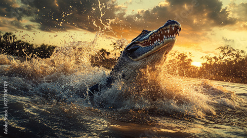Closeup of a giant crocodile jumping out of the water with a big splash.