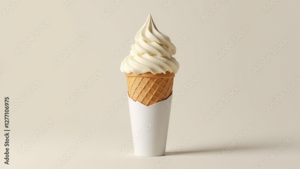 Ice cream cone wrapper mockup featuring a vanilla soft serve ice cream in a waffle cone with a white paper wrapper.