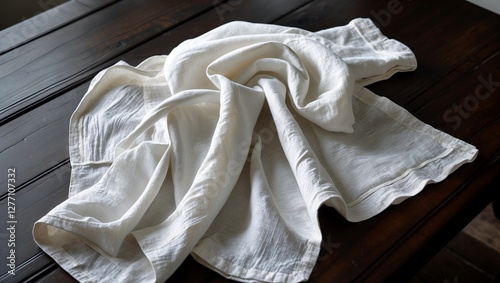 Elegant white linen tablecloth on dark wooden table photo