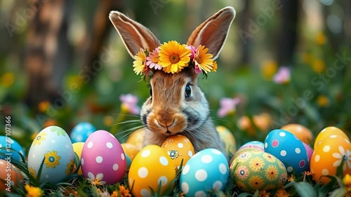 Cute rabbit with flower crown surrounded by colorful Easter eggs in a vibrant garden setting